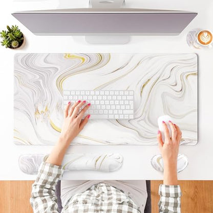 QIYI Leather Desk Mat Set, 4-in-1 Large Mouse Pad with Ergonomic Wrist Rest, Waterproof Desk Pad + Keyboard Wrist Rest + Mouse Wrist Support + Coaster, Non-Slip Office Gaming Accessories, White Marble - color: Gray White Marble