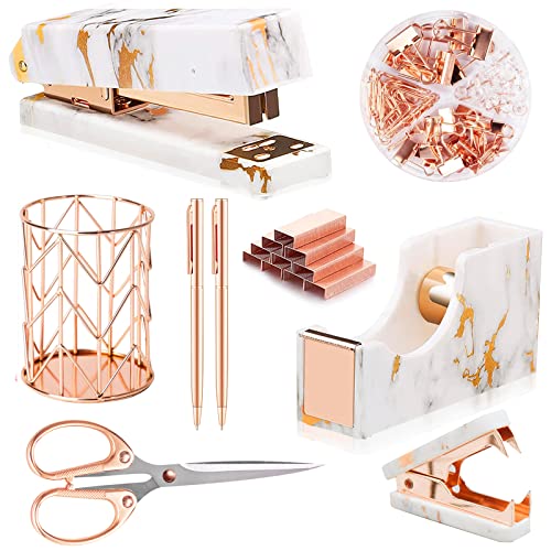 Rose Gold Marble Desk Accessories, Office Supplies Set Stapler Staple Remover, Tape Holder, Pen 2 Ballpoint Pen, Scissor, Binder Clips, Paper Clips and 1000pcs Staples - color: Marble Rose Gold