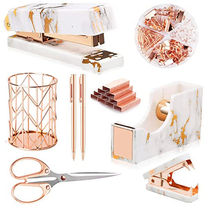 Rose Gold Marble Desk Accessories, Office Supplies Set Stapler Staple Remover, Tape Holder, Pen 2 Ballpoint Pen, Scissor, Binder Clips, Paper Clips and 1000pcs Staples - color: Marble Rose Gold
