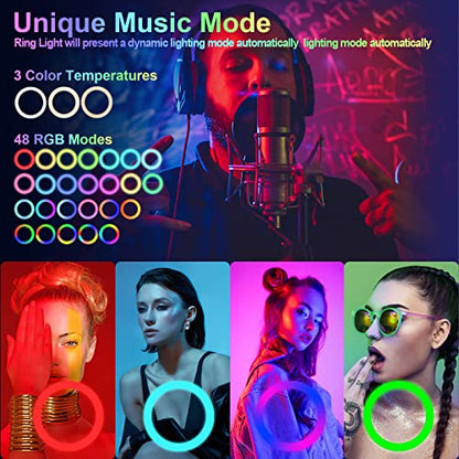 12" Selfie Ring Light with 75" Tripod Stand & 2 Phone Holder, LED Camera Ringlight with 48 RGB Colors Modes & Musical Rhythm Mode and 12 Brightness Dimmable for TikTok/Makeup/Photography/Vlog - color: 12" Musical Version