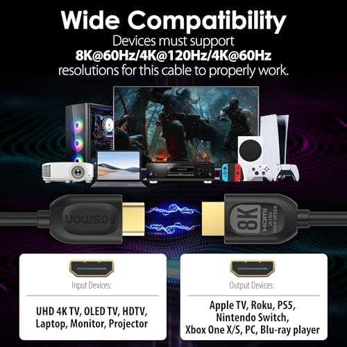 Fosmon 8K 4K HDMI Cable 10FT, Ultra High Speed HDMI 2.1 Cable, 8K@60Hz, 4K@120Hz, 48Gbps, CL2 in-Wall Rated, 30AWG, Dynamic HDR and Dolby Vision, Supports eARC, Ethernet, 3D Black - size: 10FT, style: 8K