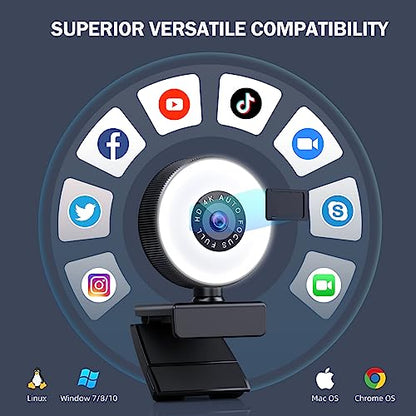 4K HD Autofocus Webcam with Microphone, Adjustable Light and Privacy Cover, Plug and Play USB for Laptop/Desktop Video Calling
