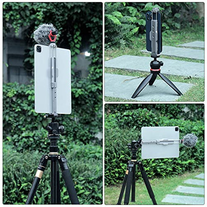 Full Metal Tablet Tripod Mount 7.9 -12.9 Inch Tablet Holder Horizontally & Vertically Position with 1 Rotatable Cold Shoe, 2 Arca Swiss Plate for iPad Video Camera Vlog Shooting Live Streaming