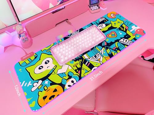 JMIYAV Pink RGB Gaming Mouse Pad 31.5x12 Inch PC XL Large Extended Glowing Led Light Up Desk Pad Non-Slip Rubber Base Computer Cute Mousepad Mat Desk Accessories Gaming Setup 377 - color: Neon Neko