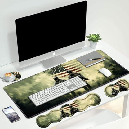 4 in 1 Ergonomic Keyboard Wrist Rest & Mouse Pad Wrist Rest Set, Large Gaming Desk Mat 31.5"x 11.8" with Non-Slip Base, Memory Foam for Home Office Study Gaming, American Military Army Troops Soldiers - color: American Military Army Troops Soldiers