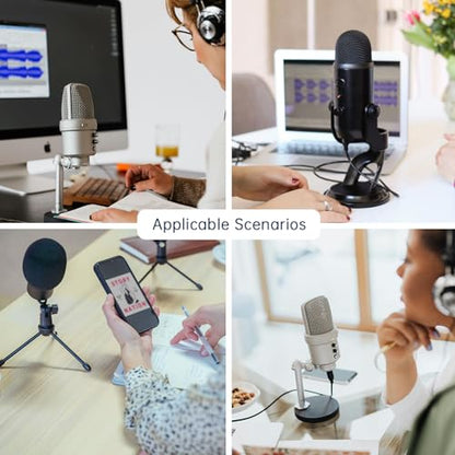 RTNLIT Desktop Mic Stand with Phone Holder, Adjustable Desk Microphone Stand with Pop Filter, Shock Mount, Mic Clip, 3/8" to 5/8" Screw Adapter for Blue Yeti Snowball Shure SM7B and Other Mics