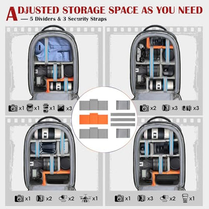 SDYSM Camera Backpack, Hardshell DSLR/SLR Camera Bag with Lens Pouch & 15.6" Laptop Compartment Waterproof Camera Case with Rain Cover Photography Backpack Compatible for Canon/Nikon/Sony/Drone,Gray - color: Grey