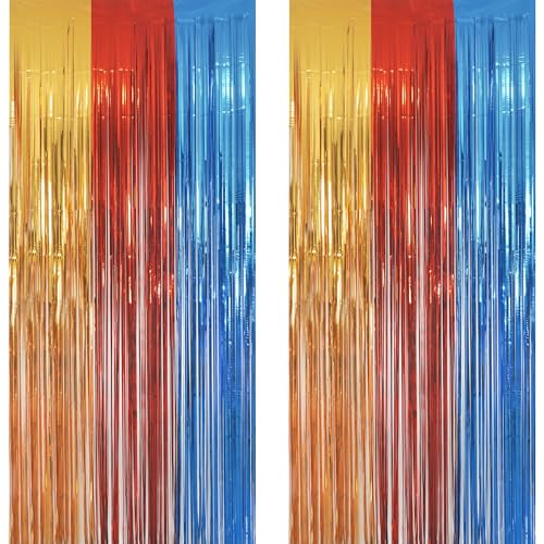 Gold Red Blue Party Backdrop - GREATRIL Tinsel Fringe Curtain for Paw Birthdays Decorations 2 Packs - color: Gold Red Blue