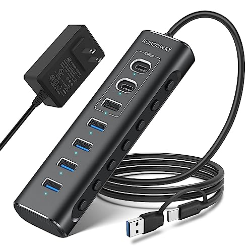 Powered USB Hub, Rosonway 7-Port USB 3.2/USB C Hub with 10Gbps USB-A 3.2, 2 USB-C 3.2, 4 USB 3.0 Ports, Individual Switches and 12V Power Adapter, Aluminum USB Port Expander for Laptop/PC, RSH-A107C - size: 7-Port Powered USB 3.2+USB 3.0 Hub