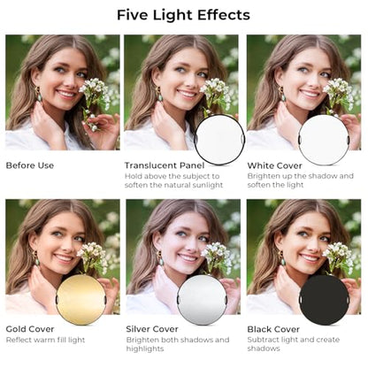K&F CONCEPT 43''/110cm 5-in-1 Light Reflector with Handle Grip and Bag, Multi Disc Collapsible Portable Photography Diffuser Gold, Silver, White, Black, Translucent for Studio and Outdoor Lighting - size: 43 inches (110 cm)