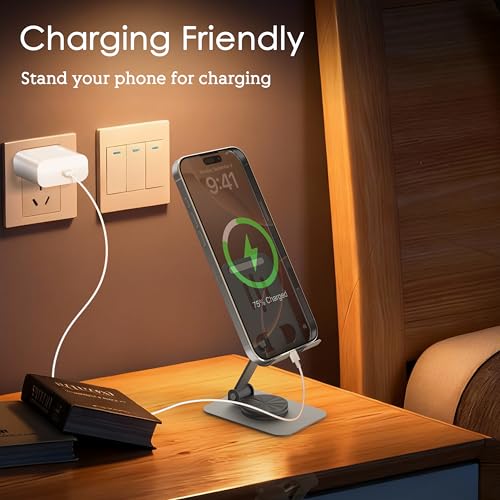 Metal Cell Phone Stand for Desk, Multi-Angel Adjustable 360° Rotation Non-Slip and Foldable Mobile Phone Stand, Compatible with iPhone 17 16 Pro Max and All Smartphones, Gray - color: Gray