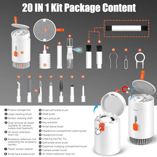 walrfid 2 Pack Laptop Phone Screen Cleaner Kit, Computer Keyboard Brush Cleaning Spray for iPhone AirPods MacBook iPad, 20-in-1 Electronic Device Tool for Camera Earbud TV Tablet Car Screens, White - color: 2PCS-White