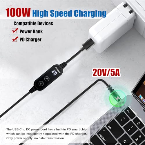 100W USB C to DC Charger, Barrel PD Trigger Cable with 8 DC Conversion Heads and LED Display Screen, DC 5V/9V/12V/15V/20V to DC Adapter Cable for Netbook, Tablets, Led Light, Routers (3.9ft) - color: Black-100W usb c to dc cable