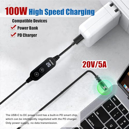 100W USB C to DC Charger, Barrel PD Trigger Cable with 8 DC Conversion Heads and LED Display Screen, DC 5V/9V/12V/15V/20V to DC Adapter Cable for Netbook, Tablets, Led Light, Routers (3.9ft) - color: Black-100W usb c to dc cable