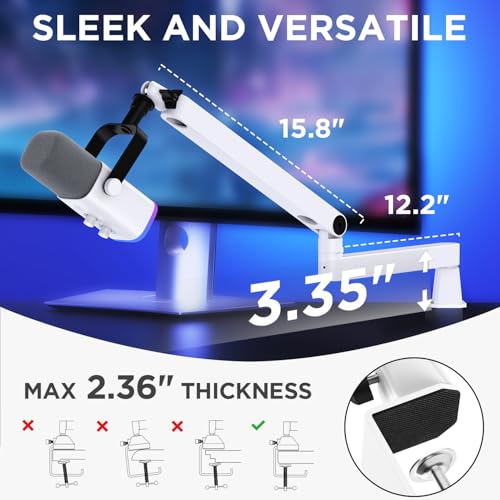 InnoGear 2026 Upgraded Microphone Boom Arm, Magnetic Cable Management Low Profile Mic Stand 360° Rotatable Desk Mount for Fifine AM8 K669B Blue Yeti HyperX QuadCast SoloCast AT2020, White - color: White, style: Low Profile Mic Arm