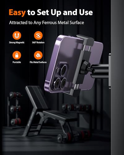 Stouchi Gym Magnetic Phone Holder, 360° Adjustable [N55 Dual Magnet] Phone Mount Gym Accessories for Women/Men, All Metal Portable Workout Essentials Compatible with 4.7-6.5" Smartphones, Black