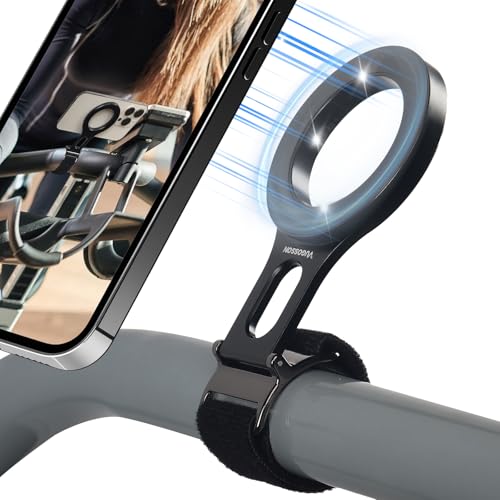 Magnetic Phone Holder for Stroller Bar, Compatible with MagSafe (Strong Magnet) - 180° Adjustable for Gym, Home Fitness Bikes, Shopping Cart, with Adjustable Strap, All Phone (Magnetic Ring Included) - color: Black
