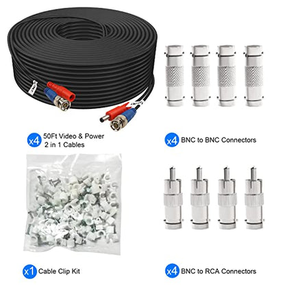 50ft 4 Pack BNC Video Power Cable, Security Camera Cable for CCTV Camera DVR Systems - Black - size: 50 FT