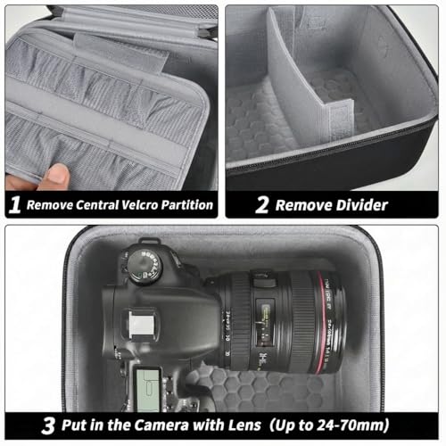 Comecase Hard Camera Case for Canon R50/R100/T7, for Sony A6400/ZV-E10 | Small Camera Bag with Hard EVA Shell, Adjustable Dividers, 6 Battery/SD Organizer Slots and Shoulder Strap, case only - color: Jet Black
