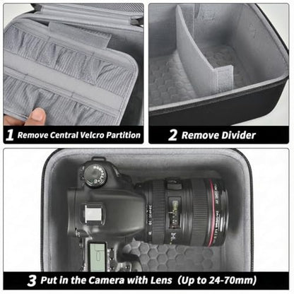 Comecase Hard Camera Case for Canon R50/R100/T7, for Sony A6400/ZV-E10 | Small Camera Bag with Hard EVA Shell, Adjustable Dividers, 6 Battery/SD Organizer Slots and Shoulder Strap, case only - color: Jet Black