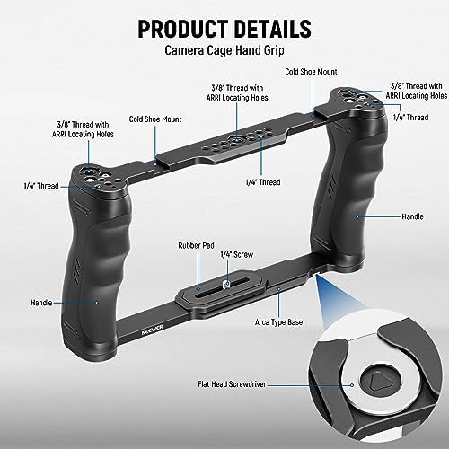 NEEWER Universal Camera Cage & Top Handle with 3/8" ARRI Locating Pins Kit, Video Rig Camera Stabilizer with Arca Type Base, Dual Handgrips, Compatible with SmallRig Accessories, CA016T - style: CA016T