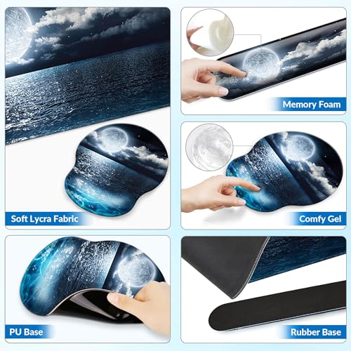 Desk Mat Set + Keyboard and Mouse Pad with Wrist Rest Support,4-in-1 Large Mousepad Computer Mats for Desktop Home & Office-Night Moon - color: H-Night Sea