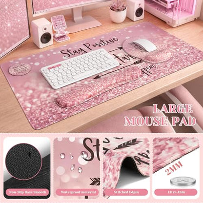 iCasso Mouse Pad,Large Pink Desk Mat Set, 4in1 XXL Mousepad + Keyboard Wrist Rest+Mouse Wrist Rest+Coaster with Ergonomic Desk Pad for Home Office Table Computer Cover -Pink Stay Positive - color: 1-Pink Stay Positive