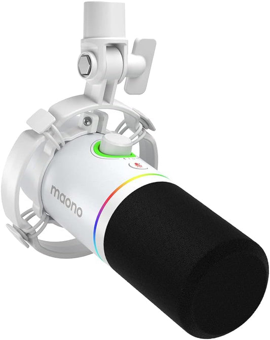 MAONO XLR/USB Dynamic Microphone, RGB Gaming Mic with Software, Mute, Gain Knob, Volume Control and Headphone Jack for Streaming, Podcasting, Recording-PD200X (White) - color: White