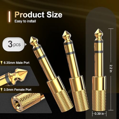 3-Pack 6.35mm Male to 3.5mm Female (1/4 in to 1/8 in) Stereo Headphone Adapter, Audios Jack Adapter, Thickened Gold Plated Hi-Fi for Auxiliary Cables, Amplifiers, Guitars, Digital Pianos.