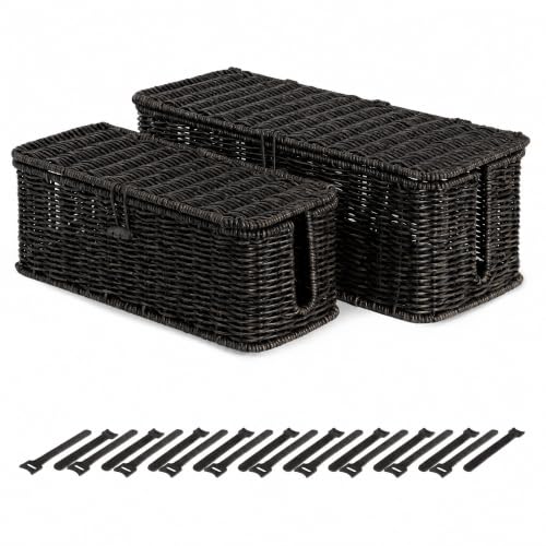 BROWNLILY Rattan Wire Storage Box, Handmade Cord Organizer for Desk Cord Hider Outlet Covers Baby Proofing for Power Strip TV PC Router Charger Under Desk Cable Management Box-Black, Set - color: Black, size: Set (L+M)