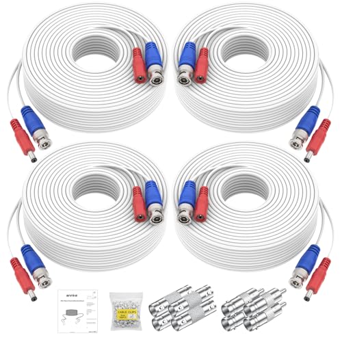 ANNKE 30M/100ft BNC Cable, Video Power Extension Surveillance Camera Cables for CCTV Security DVR System Installation, Free 8X BNC Connectors and 100pcs Cable Clips Included, 4 Pack, White - style: 4pcs 100ft Cable-White