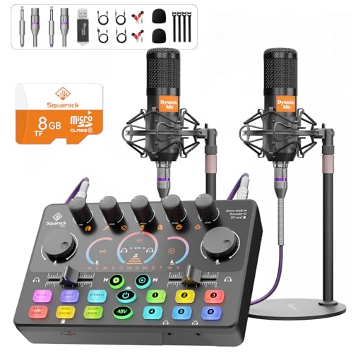 Podcast Equipment Bundle for 2, Audio Mixer with 8GB Memory Card and Dynamic Mics,RGB,Built-in Recorder, Customize Button, Stereo for Vocal Recording Podcasting,Streaming Camera, PC, Phone.(RS2i2) - color: Two dynamic mics bundle