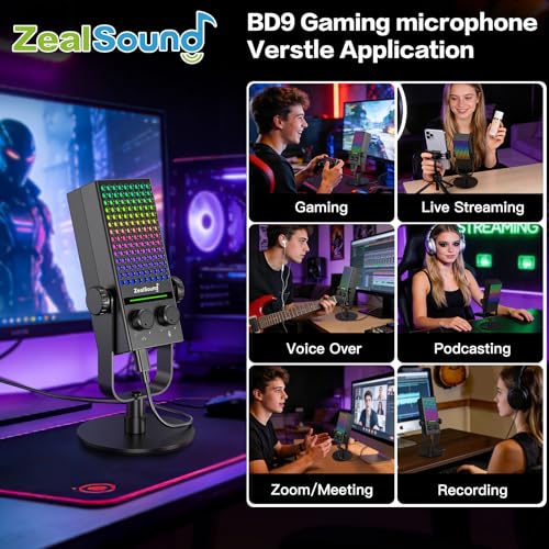 ZealSound USB Gaming Microphone for Xbox PC Mac iPhone & Android, Noise Reduction Mic with One-Tap Mute, Gain Control, Zero-Latency Monitoring & RGB Lighting, for YouTube TikTok Podcasting & Streaming - color: Black