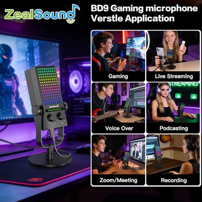 ZealSound USB Gaming Microphone for Xbox PC Mac iPhone & Android, Noise Reduction Mic with One-Tap Mute, Gain Control, Zero-Latency Monitoring & RGB Lighting, for YouTube TikTok Podcasting & Streaming - color: Black