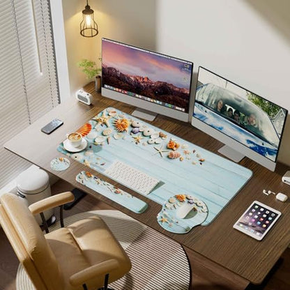 Desk Mat Set + Keyboard and Mouse Pad with Wrist Rest Support,4-in-1 Large Mousepad Computer Mats for Desktop Home & Office-Blue Shells - color: I-Blue Seashell