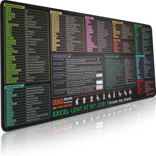Pixiecube Excel Shortcut Keys Mouse Pad - Extended Large XXL Cheat Sheet Gaming Mousepad | PC Office Spreadsheet Keyboard Mat | Non-Slip Stitched Edge - color: Excel Shortcuts, size: 35.4L x 15.7W inches