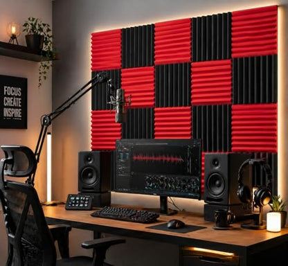52 Pack Black red 1" x 12" x 12" Acoustic Wedge Studio Foam Sound Absorption Wall Panels - color: BLACK RED