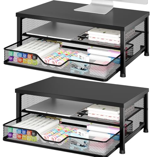 OPNICE Computer Monitor Stand Riser, Desk Organizer with Drawer, Printer & Laptop Stand, Office Desk Accessories & Workspace Desktop Organizers Storage for Office Supplies(Black 2-Pack) - color: Black 2-Pack, size: With Drawer
