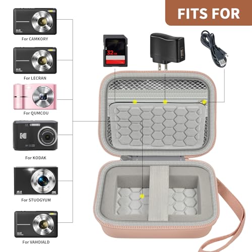 Comecase Hard Digital Camera Case for Kodak PIXPRO FZ55 FZ45, Rose Gold | Hard EVA shell with soft lining, mesh pocket, wrist strap; fits CAMKORY, Canon ELPH 180/190, Sony DSC-W800/W830 - color: Rose Gold
