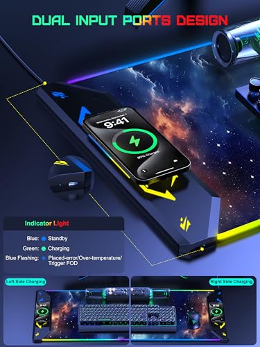 TopMade Wireless Charging Mouse Pad, RGB Gaming Mousepad, 35.4" x 15.8" Extra Large Waterproof Keyboard Desk Pad, Computer Desk Mat, Blue Nebula (Includes 20W PD Power Adapter & 6.56ft Woven Cable) - color: RGB-Blue Nebula-35.4"x15.8"-with Adapter