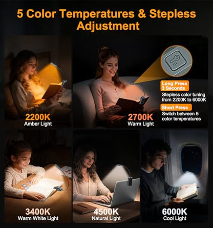 Gritin 2026 Gen 2 Book Light for Reading- 30 Eye Caring Full Spectrum LED | 5 Colors & 5 Brightness, Adjustable Wide/Narrow Beam, Upgrade 1500mAh Long-Lasting Rechargeable Clip on Light-Sea Blue - color: Sea Blue