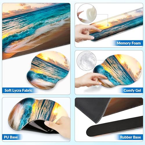 Desk Mat Set + Keyboard and Mouse Pad with Wrist Rest Support,4-in-1 Large Mousepad Computer Mats for Desktop Home & Office-Sunset Sea - color: J-Sunset Sea