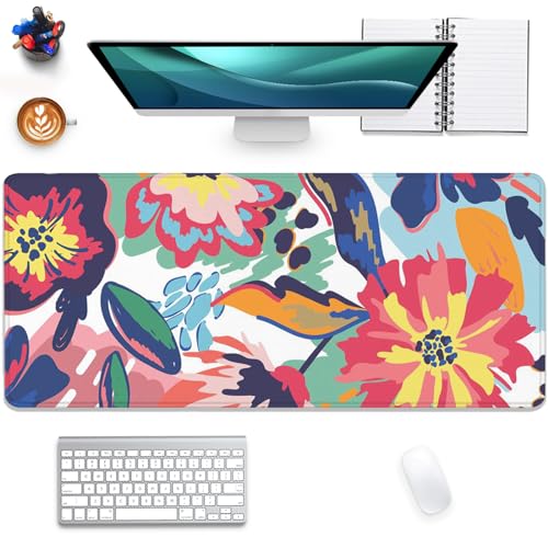 Abstract Floral Leaves Mouse Pad Desk Mat,Boho Art Extended Gaming Mouse Pad with Stitched Edges,Non-Slip Waterproof Rubber Base for Office,Computer,Keyboard,Laptop and Home Desk Pad(27.5X11.8 in) - color: Abstract Floral Leaves Watercolor