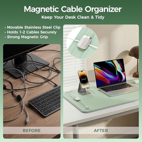 Premium Double-Sided Faux Leather Desk Pad – Non-Slip, Waterproof, with Magnetic Cable Organizer & File Storage – Designed for Offices & Creative Spaces – Durable & Easy to Clean（Green） - color: Green