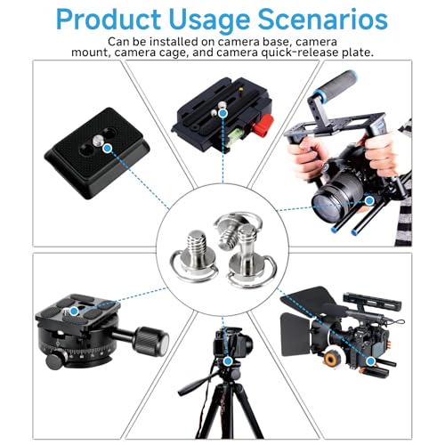 1/4"-20 Camera Screw Set, 16Pack Stainless Steel Tripod Mount Screw with D-Ring, for Camera Cage, Tripod, Monopod, Quick Release Plate, Photography Mounting Replacement