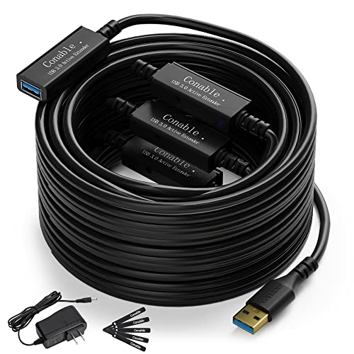USB 3.0 Active Extension Cable 100 Feet, Long USB Type-A Male to Female Extender Cord, Built-in 3 Signal Booster Smart Chips, 5Gbps Transfer, Black USB Extension Cable with an AC Power Adapter (5V 2A) - size: 100 Feet (Active)