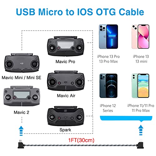 DJI 1FT 90 Degree USB Micro to iOS Remote Controller Cable for Mavic Mini, Mini SE, Pro, Spark, Air, Phone/Tablet Data OTG Cord Accessories - style: Micro to IOS