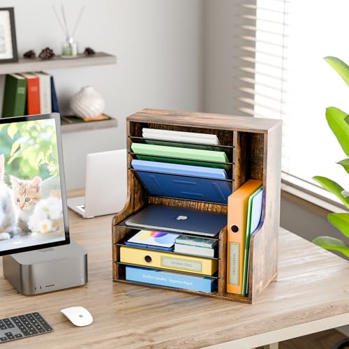 Simple Trending Wooden Desk Organizer, 7- Tier File Organizer, Adjustable Letter Tray Paper Organizer with File Holder for Office Supplies, Rustic Brown