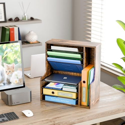 Simple Trending Wooden Desk Organizer, 7- Tier File Organizer, Adjustable Letter Tray Paper Organizer with File Holder for Office Supplies, Rustic Brown