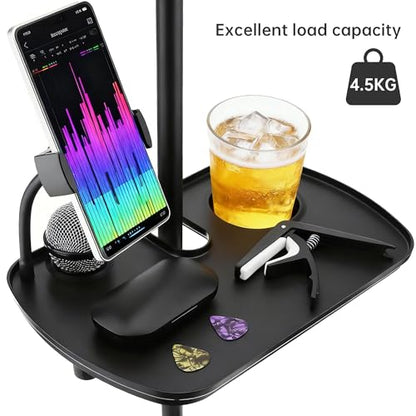 Microphone Stand Tray with Phone Holder, 12.2" Large Clamp On Shelf Table | Fits 0.4"-2" pole. Hold 9.9 lbs. Raised edge. Fits karaoke music stand studio concert floor lamp beach sunshade table storage